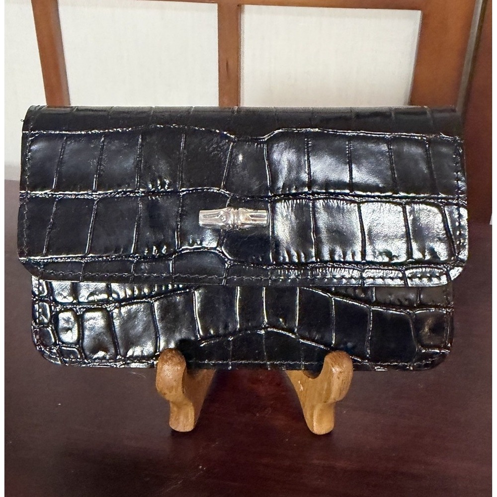Longchamp Crocodile Embossed Leather Slim Mini Card Holder Wallet Black Silver